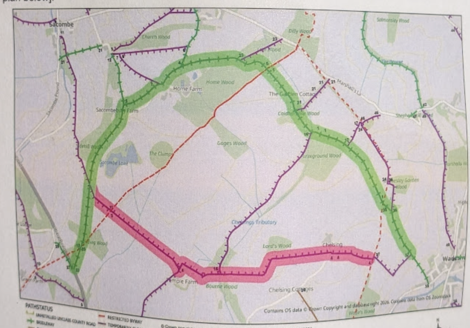 Council map showing the closed footpath through Temple Farm highlighted in pink and the northern alternative route highlighted in green