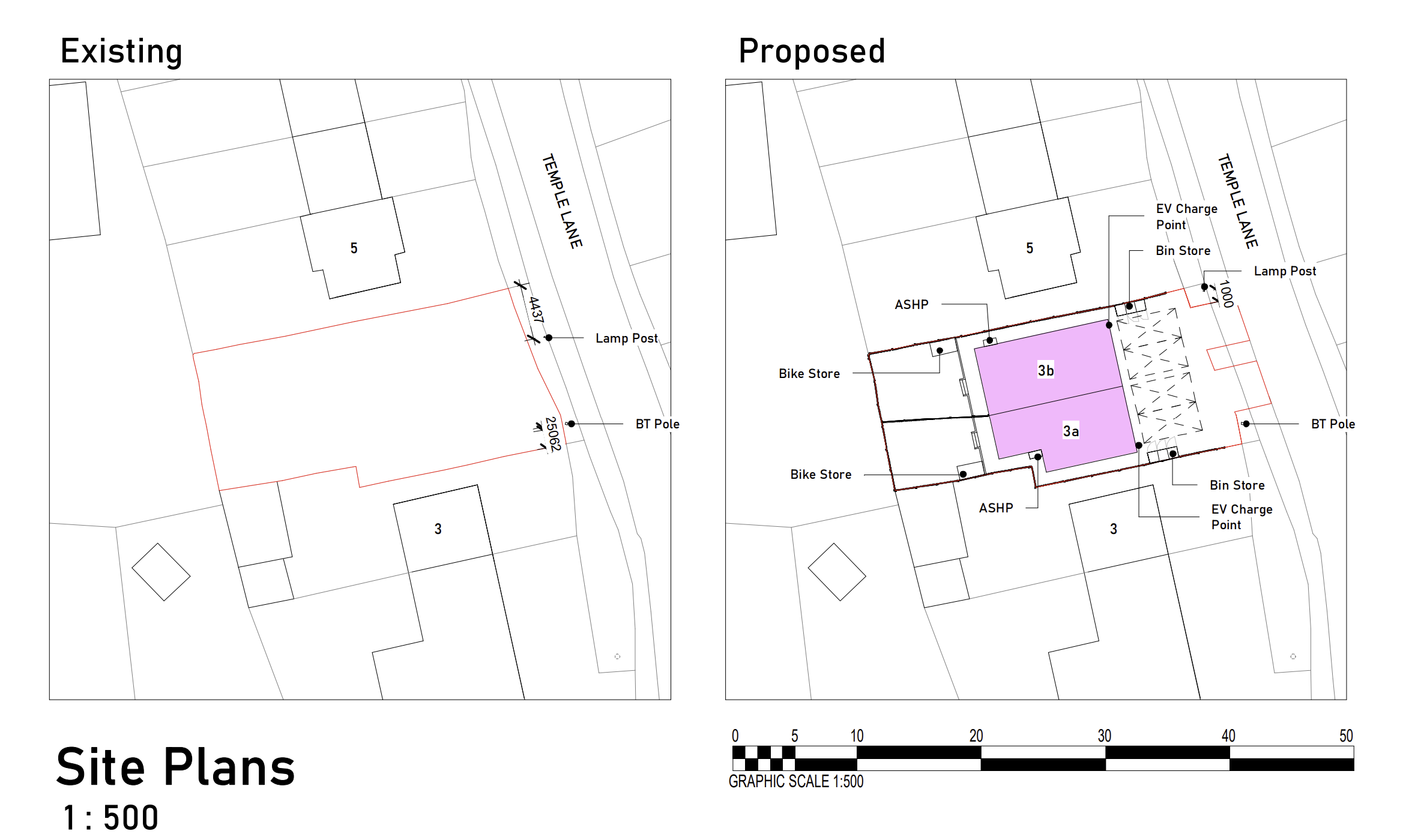 Existing and proposed site plans for two semi-detached homes on land between 3–5 Temple Lane, showing parking, bike and bin stores, heat pumps and electric vehicle charge points