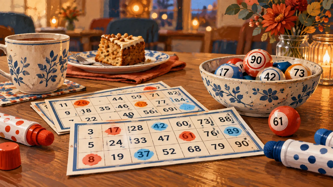 Illustration of bingo tickets, dabbers and numbered balls on a cozy village hall table